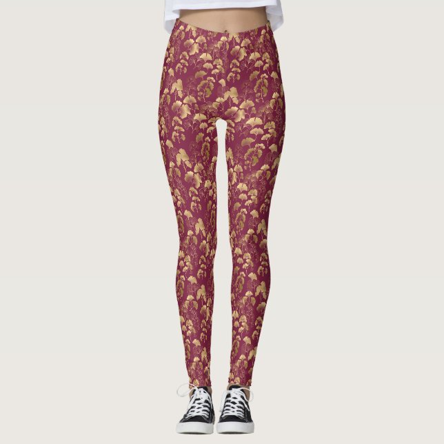 Burgund-Muster mit Goldblatt Leggings (Vorderseite)