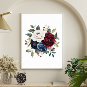 Burgund Navy Blau Marineweiß Florales Bouquet Poster