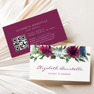 Burgund Navy Blau Wasserfarbe Floral QR Code Visitenkarte