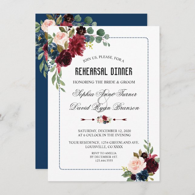 Burgund Navy Blauer Rahmen Probe Dinner Einladung (Vorne/Hinten)