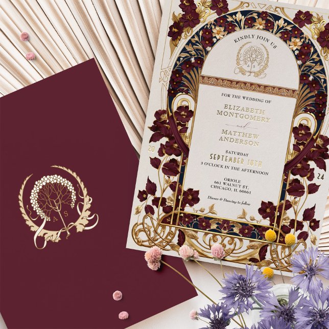 Burgund Navy Blue & Antique Gold Floral Wedding Folieneinladung (Von Creator hochgeladen)