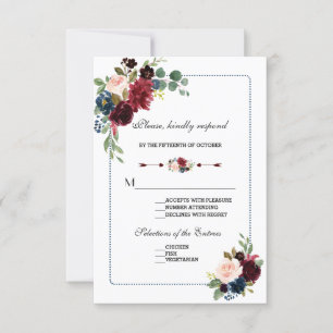 Burgund Navy Blue Floral Frame Wedding RSVP