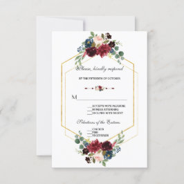 Burgund Navy Blue Floral Frame Wedding RSVP