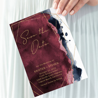 Burgund & Navy Blue Watercolor Save the Date Einladung