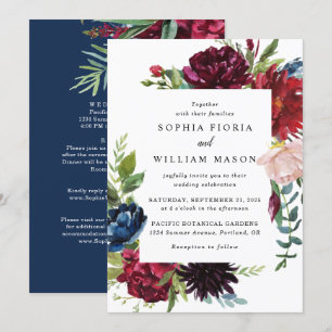 Burgund-Navy-Blumen-Hochzeitseinladung Einladung
