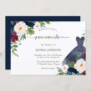 Burgund & Navy Blumenkleid Quinceanera Party Einladung