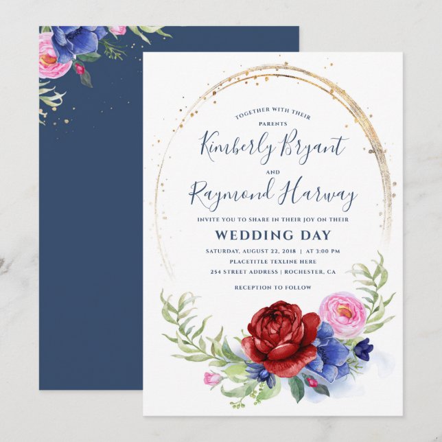 Burgund Navy Blush and Gold Floral Rustikale Hochz Einladung (Vorne/Hinten)