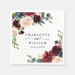 Burgund Navy Blush Bloral Rustikale Hochzeit Serviette