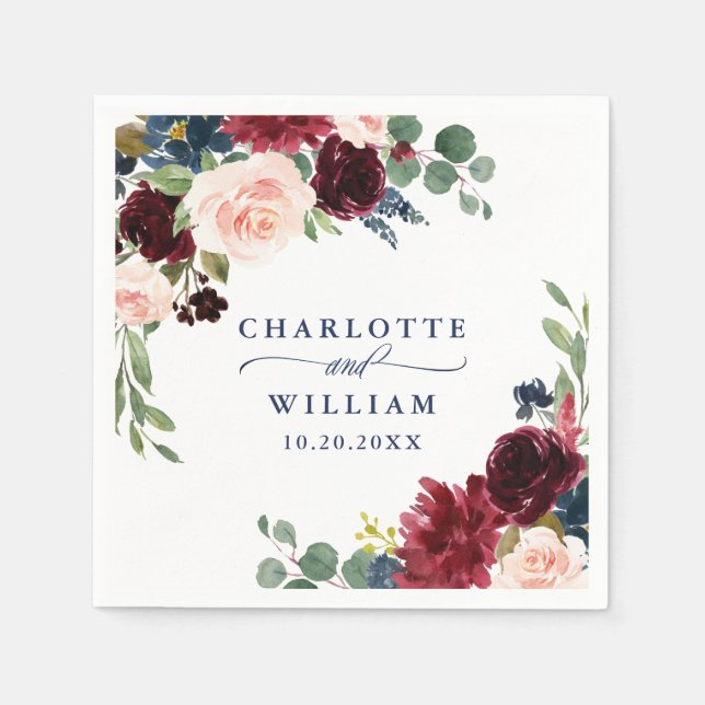 Burgund Navy Blush Bloral Rustikale Hochzeit Serviette (Vorderseite)