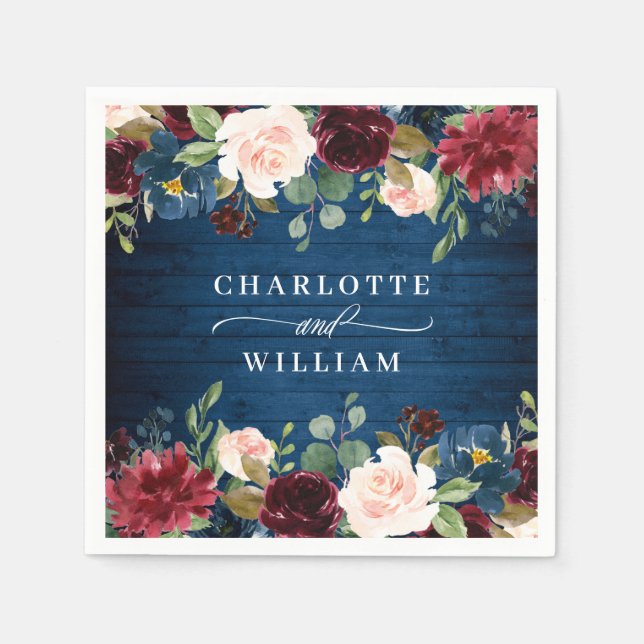 Burgund Navy Blush Bloral Rustikale Hochzeit Serviette (Vorderseite)