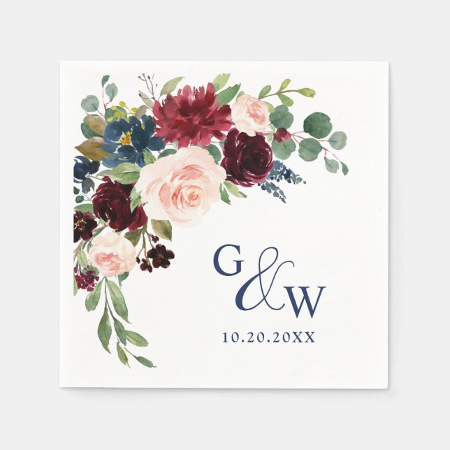 Burgund Navy Blush Bloral Rustikale Hochzeit Serviette (Vorderseite)