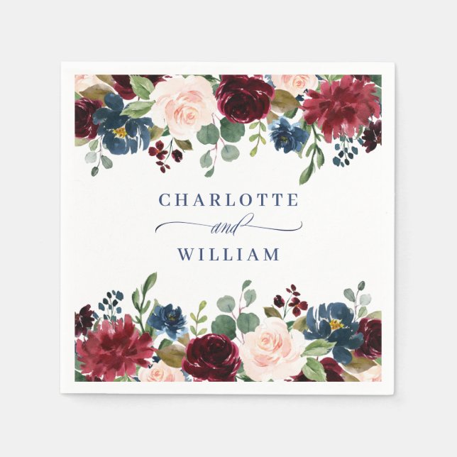 Burgund Navy Blush Bloral Rustikale Hochzeit Serviette (Vorderseite)