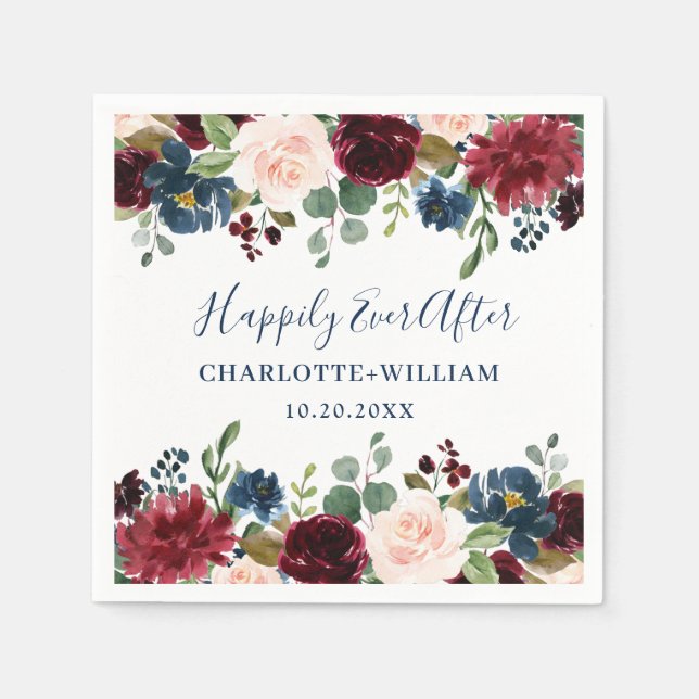 Burgund Navy Blush Bloral Rustikale Hochzeit Serviette (Vorderseite)