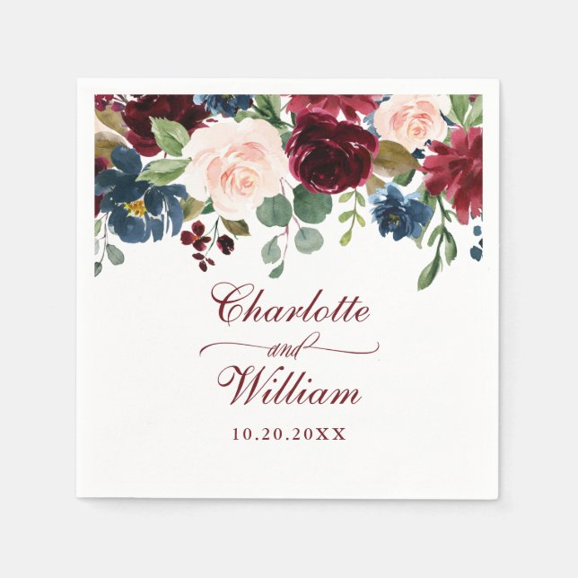 Burgund Navy Blush Bloral Rustikale Hochzeit Serviette (Vorderseite)