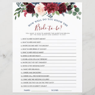 Burgund Navy Blush Blume Brautparty Games