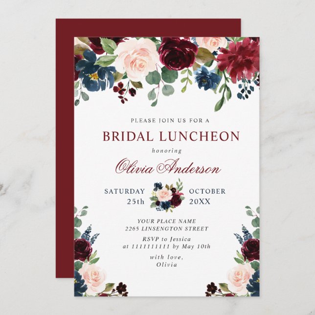 Burgund Navy Blush Blume BRIDAL LUNCHEON Einladung (Vorne/Hinten)