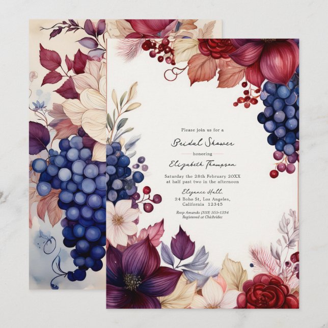 Burgund, Navy & Blush Boho Weinprobe Dusche Einladung (Vorne/Hinten)