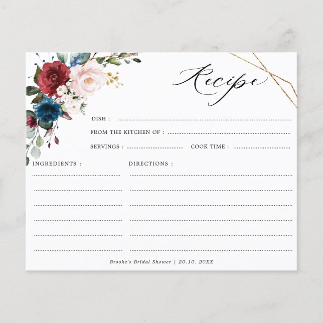 Burgund Navy Blush Brautparty Rezept Card (Vorderseite)