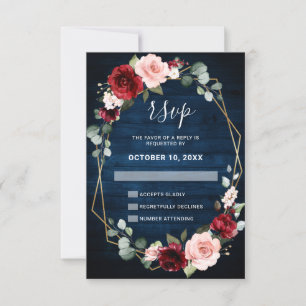 Burgund Navy Blush Floral Geometrische Hochzeit RSVP Karte
