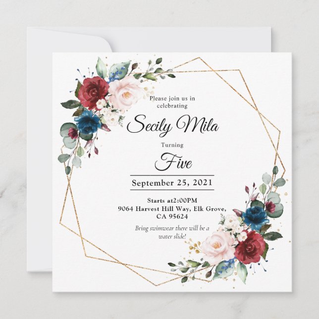 Burgund Navy Blush Floral Gold Geometrie Geburtsta Einladung (Vorderseite)