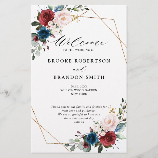 Burgund Navy Blush Floral Gold Hochzeitsprogramm (Vorderseite)