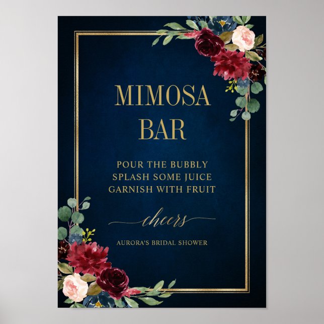 Burgund Navy Blush Floral Gold Mimosa Bar Poster (Vorne)