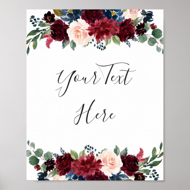 Burgund Navy Blush Floral Wasserfarbe Custom Poster (Vorne)