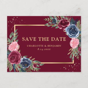 Burgund Navy Blush Gold Floral Save the Date Ankündigungspostkarte