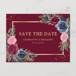 Burgund Navy Blush Gold Floral Save the Date Ankündigungspostkarte