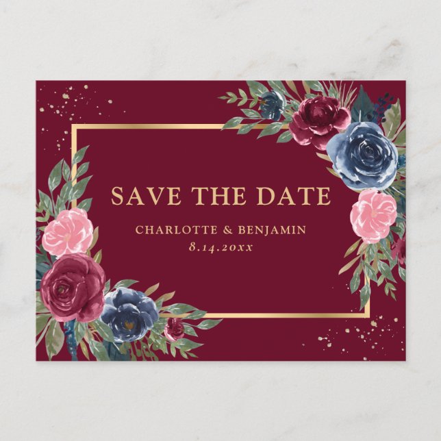 Burgund Navy Blush Gold Floral Save the Date Ankündigungspostkarte (Vorderseite)