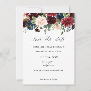 Burgund, Navy & Blush Pink Bloral Save The Date