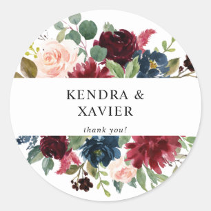 Burgund & Navy, Blush Pink Floral Vielen Dank Runder Aufkleber