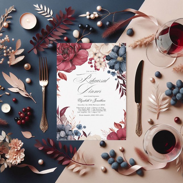 Burgund, Navy & Blush Themenabend Probe Einladung (Burgundy, Navy and Blush Wine Theme Rehearsal Dinner Invitation)