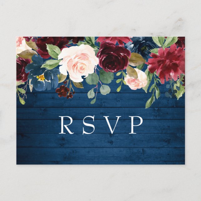 Burgund Navy Blush Watercolor Wedding RSVP Postkarte (Vorderseite)