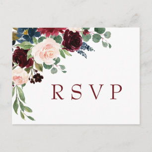 Burgund Navy Blush Watercolor Wedding RSVP Postkarte