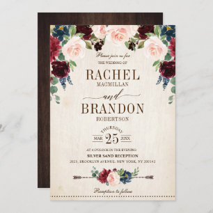 Burgund Navy Floral Boho Country Wedding Einladung