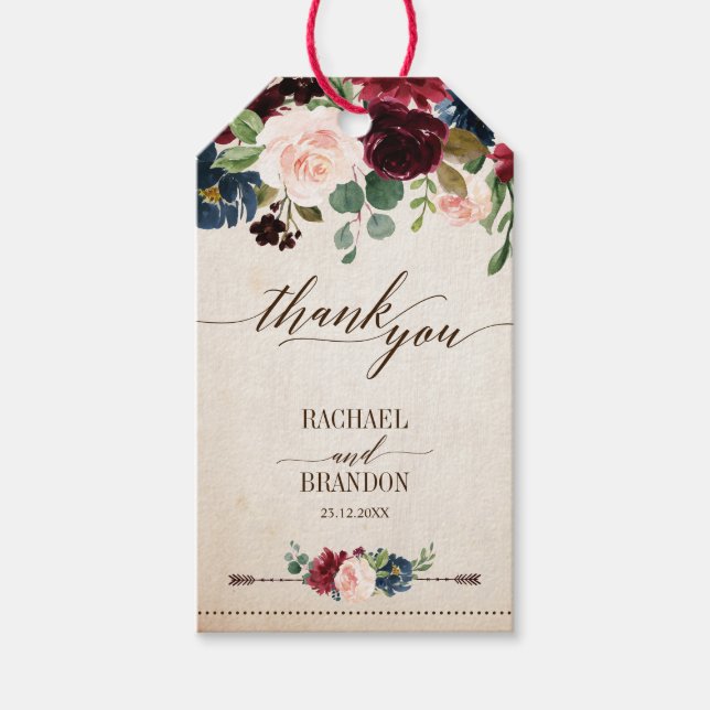 Burgund Navy Floral Boho Country Wedding Geschenkanhänger (Vorderseite)