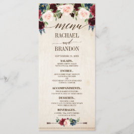 Burgund Navy Floral Boho Country Wedding Menükarte