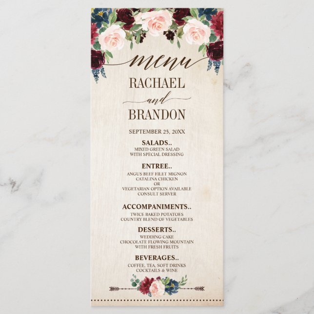 Burgund Navy Floral Boho Country Wedding Menükarte (Vorderseite)