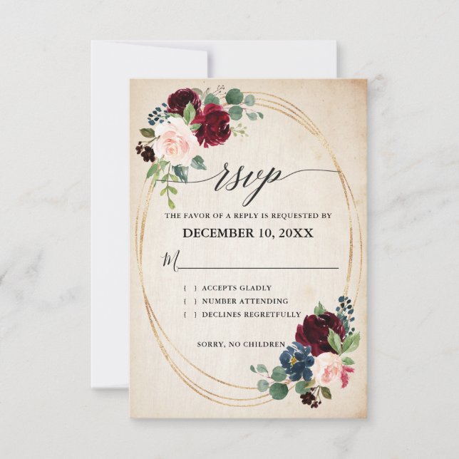 Burgund Navy Floral Boho Country Wedding R RSVP Karte (Vorderseite)