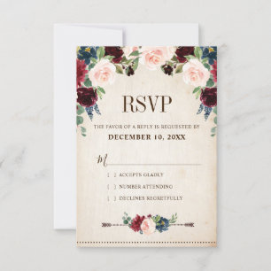 Burgund Navy Floral Boho Country Wedding RSVP Karte
