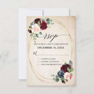 Burgund Navy Floral Boho Country Wedding RSVP Karte