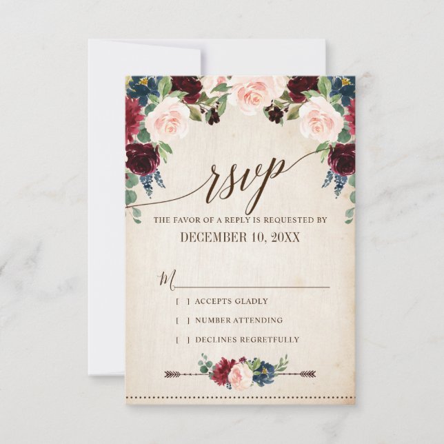 Burgund Navy Floral Boho Country Wedding RSVP Karte (Vorderseite)