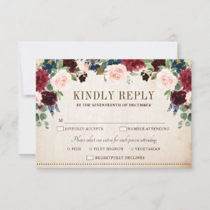 Burgund Navy Floral Boho Country Wedding RSVP Karte