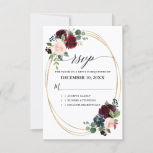 Burgund Navy Floral Boho Country Wedding RSVP Karte