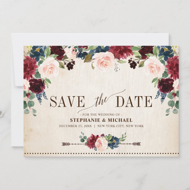 Burgund Navy Floral Boho Country Wedding Save The Date (Vorderseite)