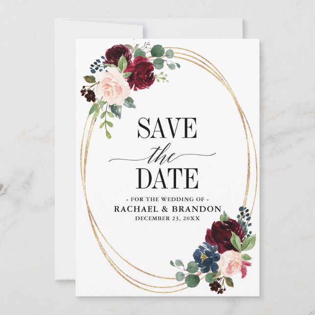 Burgund Navy Floral Boho Country Wedding Save The Date (Vorderseite)
