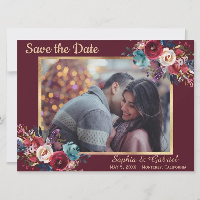 Burgund Navy Floral Modernes Foto Save the Date (Vorderseite)