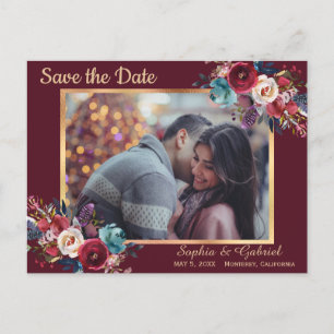 Burgund Navy Floral Modernes Foto Save the Date Ankündigungspostkarte