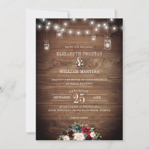 Burgund Navy Floral Rustic Barn Wood Wedding Einladung